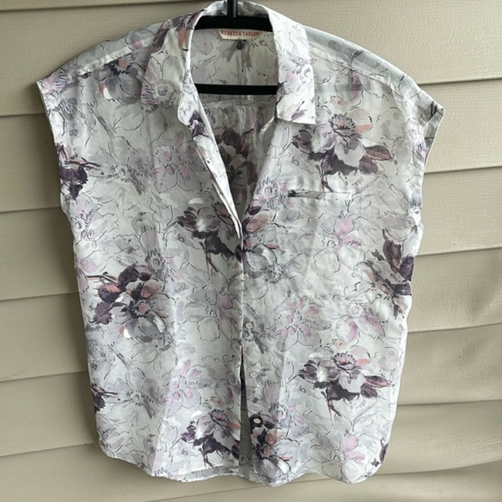Rebecca Taylor Silk Sheer Sleeveless Floral Button Down‎ Blouse Womens Size S